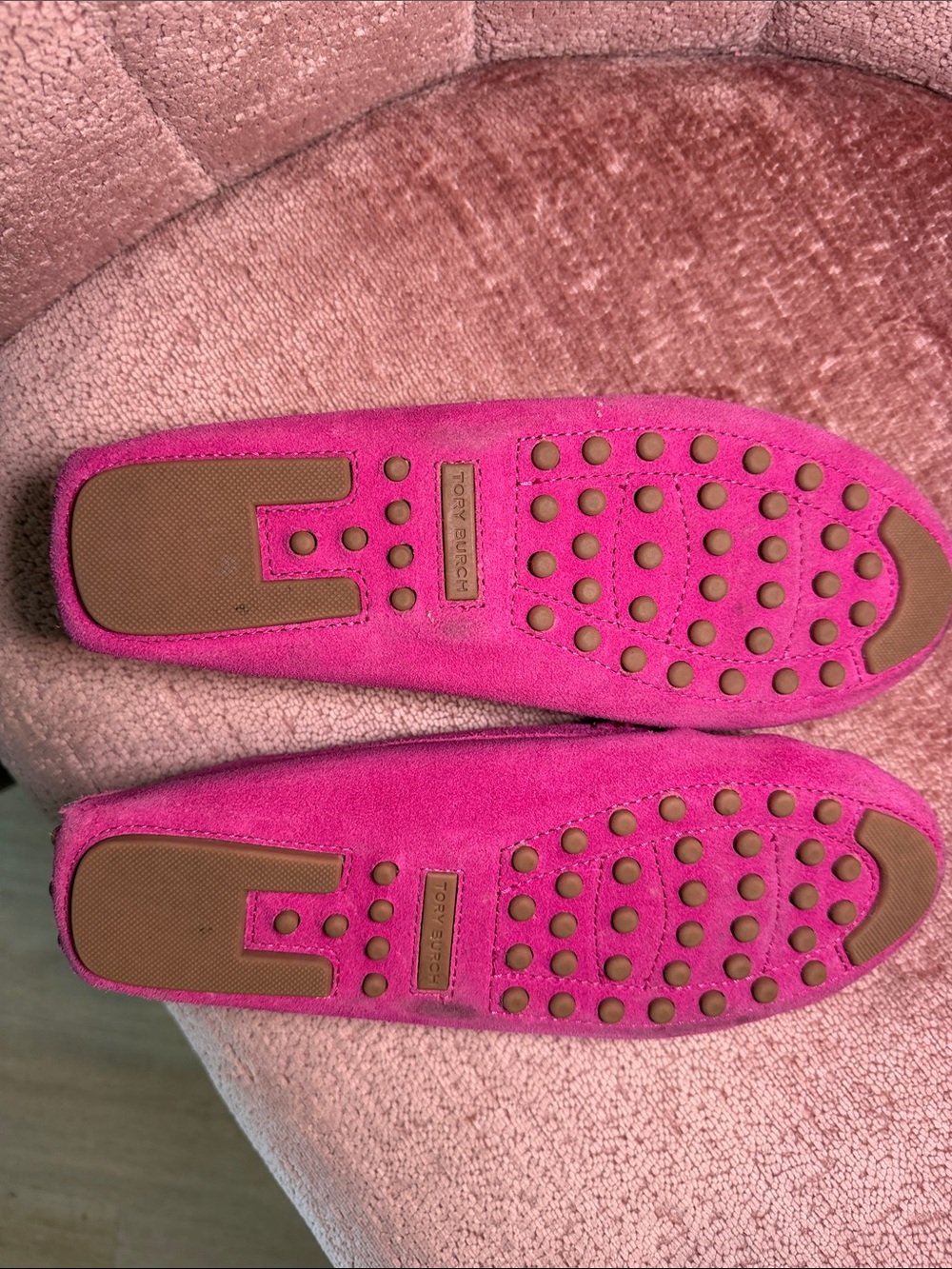 Tory Burch Hot Pink Suede Logo Driving Loafers - Picture 2 of 4